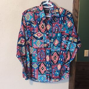 Frontier Series Aztec Print Button-Up Shirt in Teal & Coral